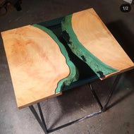 Blue Glass River and Wood Table